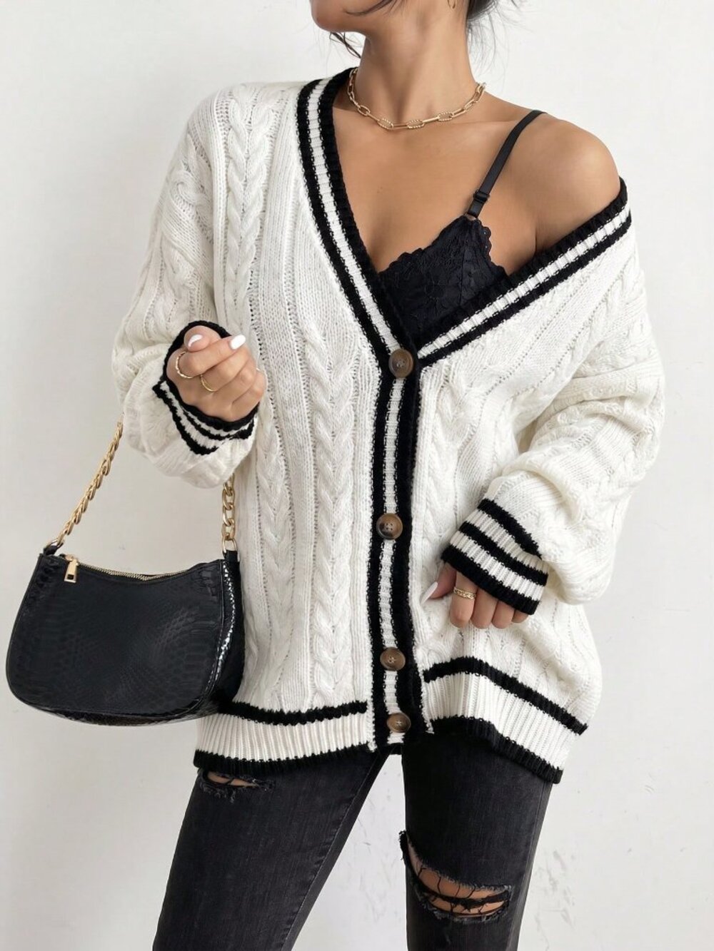 Black and White Casual Women's Oversized V Neck Drop Shoulder Button Cardigan - Picture 3 of 5